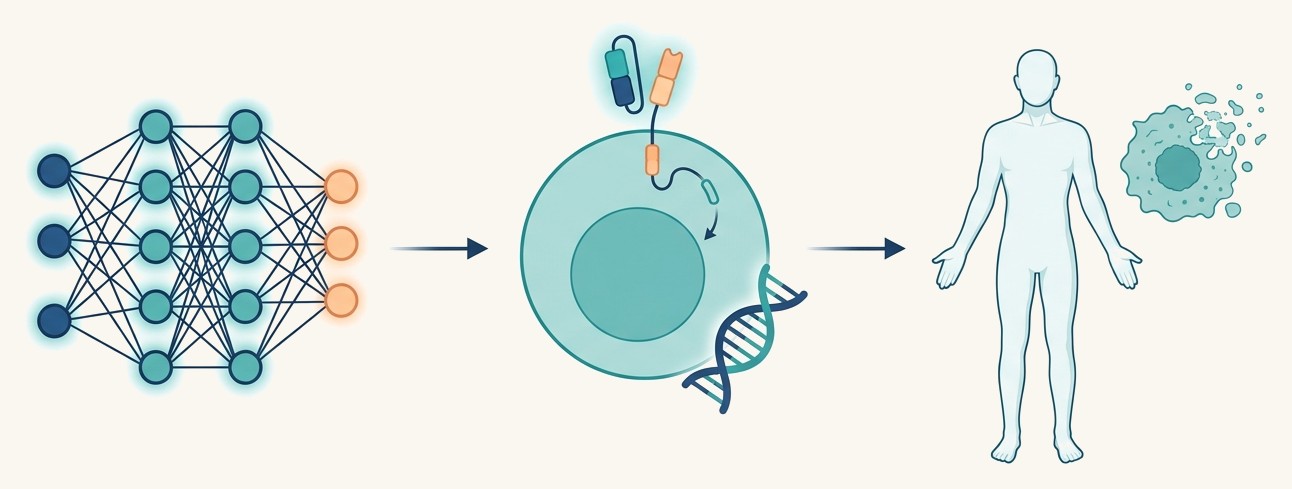 AI model predicts a therapeutic design, which is built as a gene-edited immune cell and delivered to the patient.